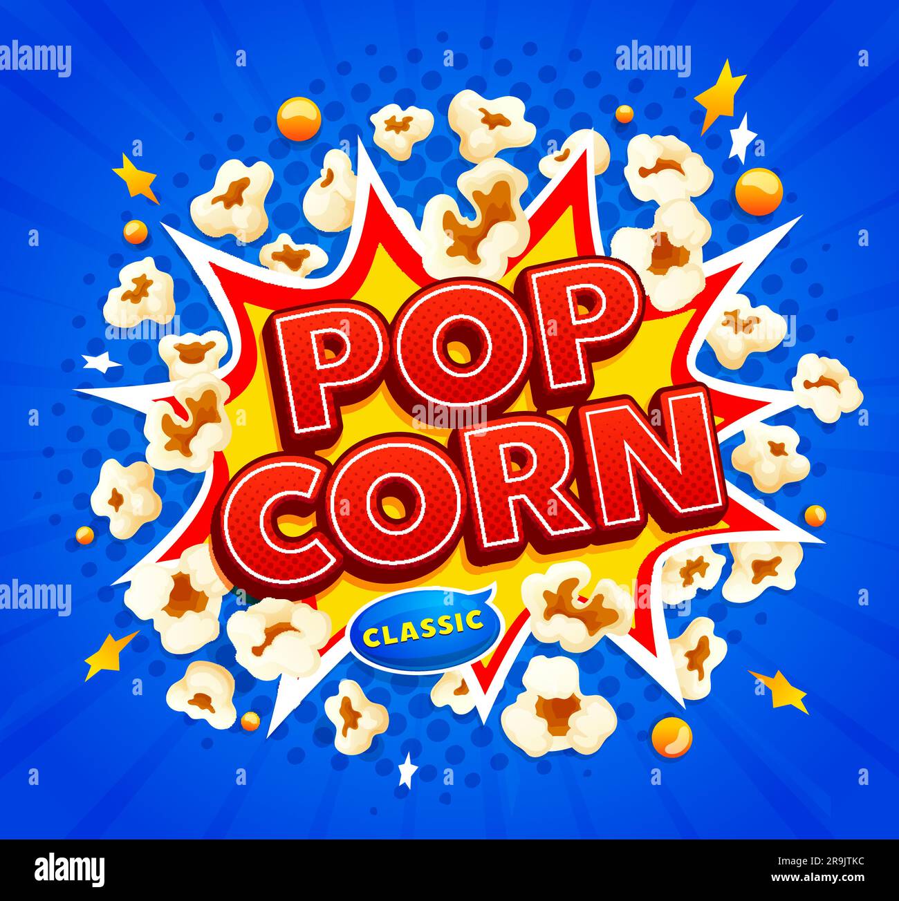 Popcorn snack explosion. Cartoon movie cheese pop corn burst. Takeaway