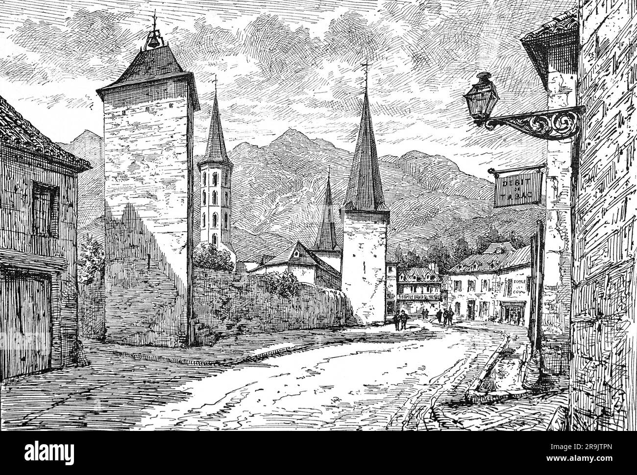 A late 19th century illustration of the village of Sentein is a small village in the department of Ariège of the french region Midi-Pyrénées located in the south of France. The town of Sentein is located in the township of Castillon-en-Couserans part of the district of Saint-Girons. Stock Photo