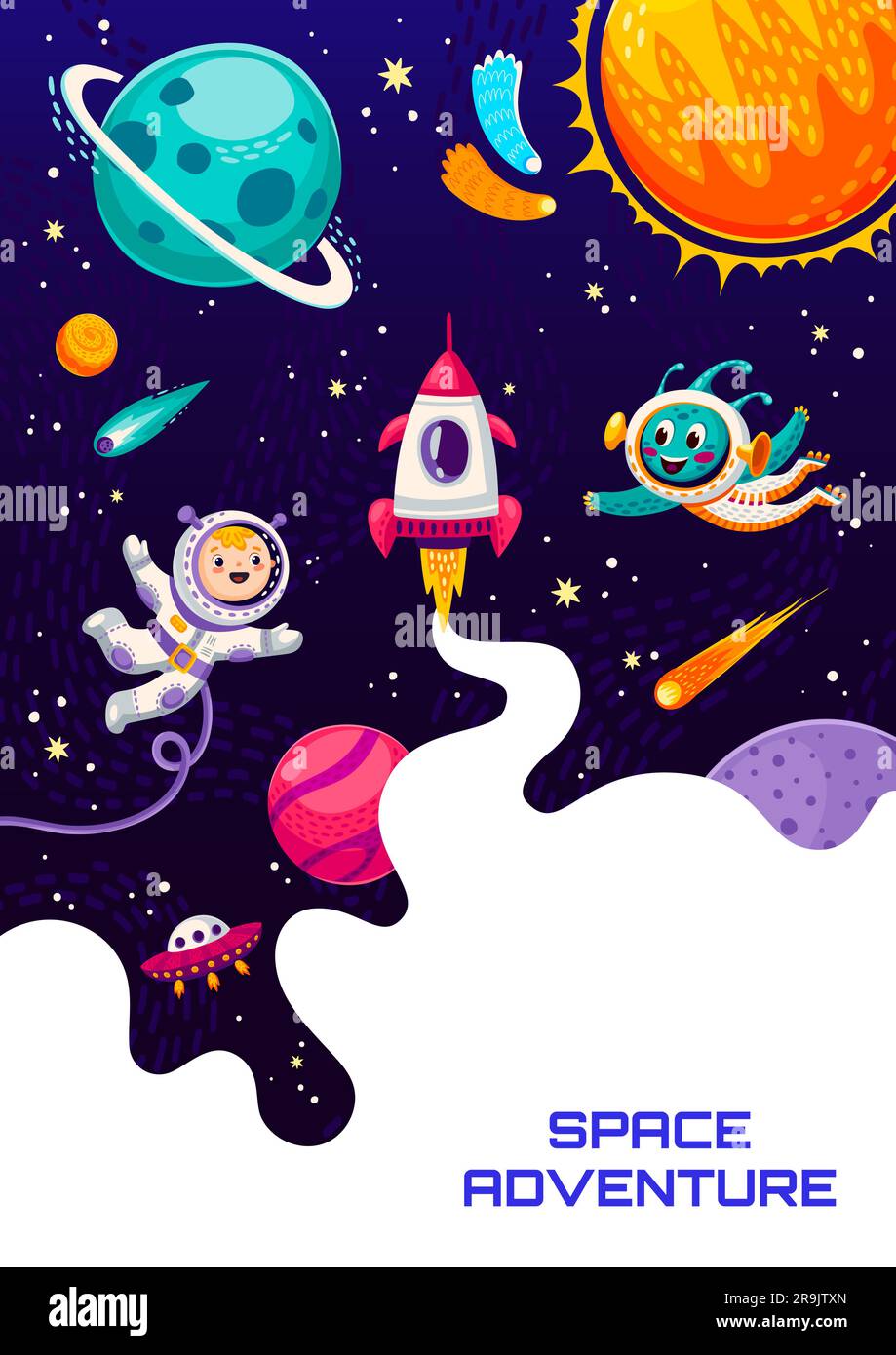 Space poster, cartoon astronaut, alien UFO spaceship and space planets ...