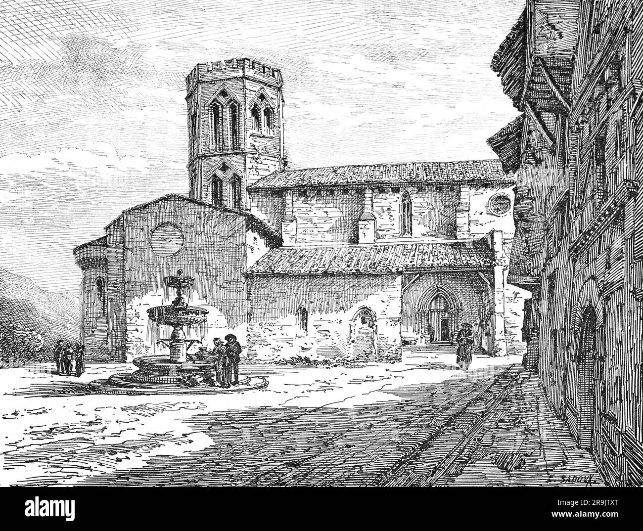 A late 19th century illustration of Saint-Lizier Cathedral in the town of Saint-Lizier in the Arièges Department of Southern France. Dating from the 11th century, with later additions, it is dedicated to Saint Lycerius, an early bishop of Couserans, after whom the town itself is also named. Stock Photo