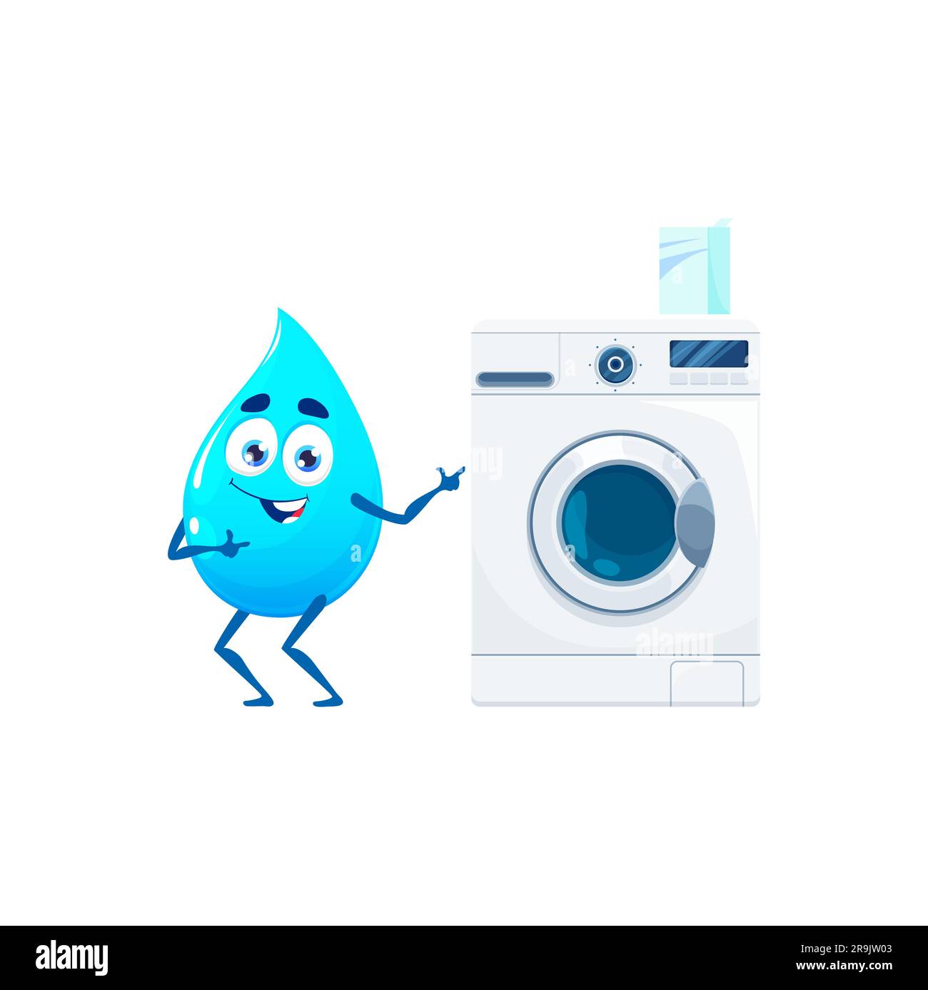 Cartoon happy water drop character with washing machine. Clean moisture