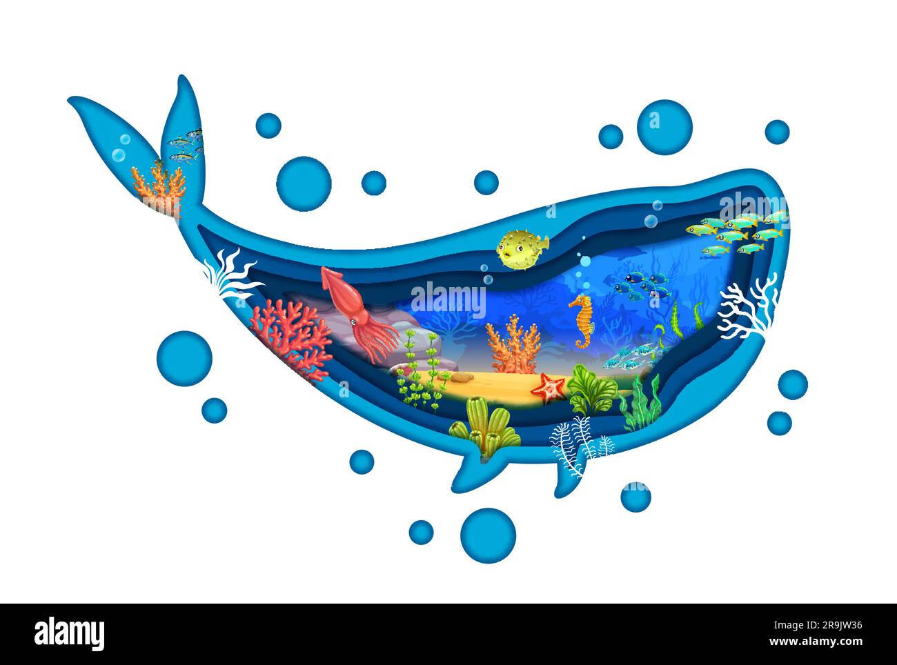 Blue whale silhouette with sea underwater paper cut landscape, vector ...