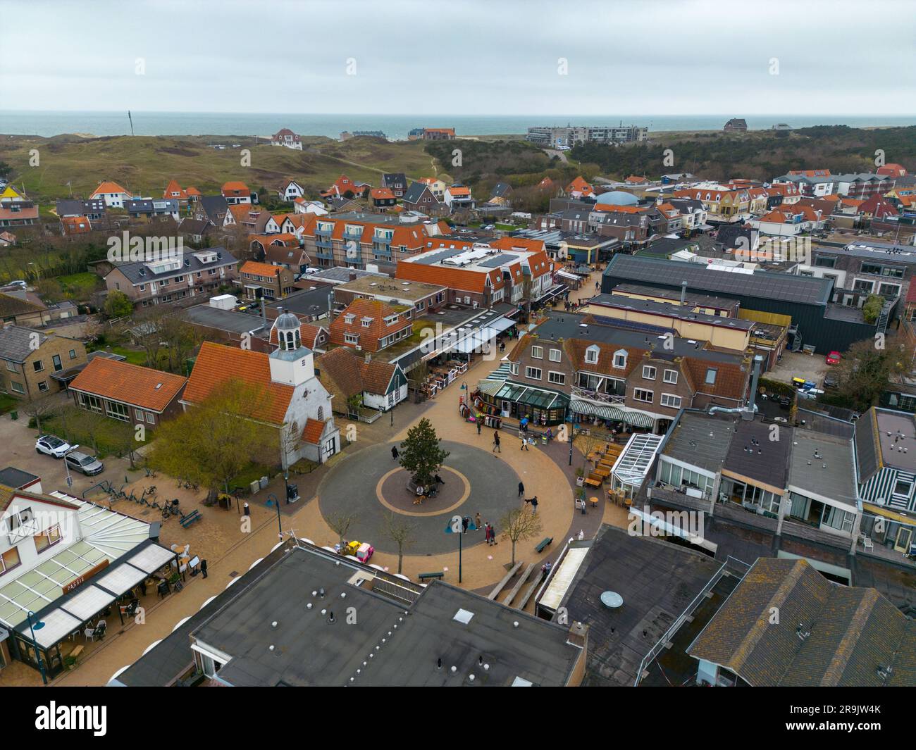 Aerial drone photo of the town square and church in de Koog. De Koog is a town on the island of Texel, Wadden sea the Netherlands Stock Photo