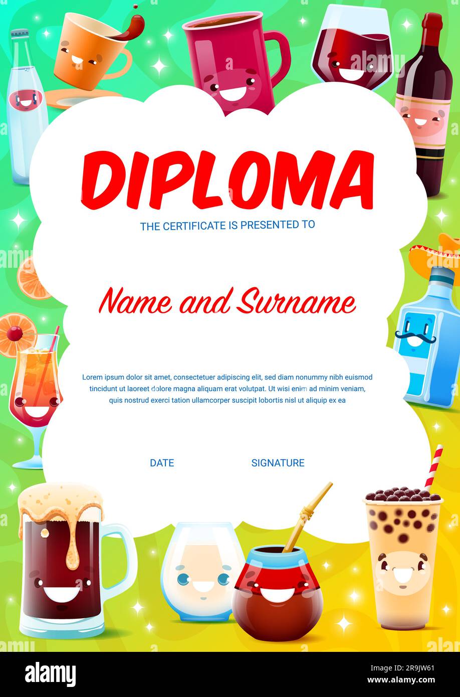 Sommelier or bartender diploma with cartoon drink and cocktail