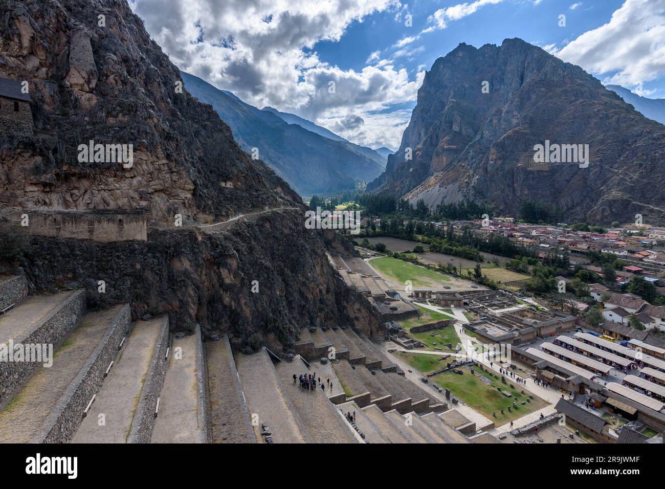 Ollantaytambo, Inca historic terraces and buildings, and view of the town from above in the Andes. Stock Photo