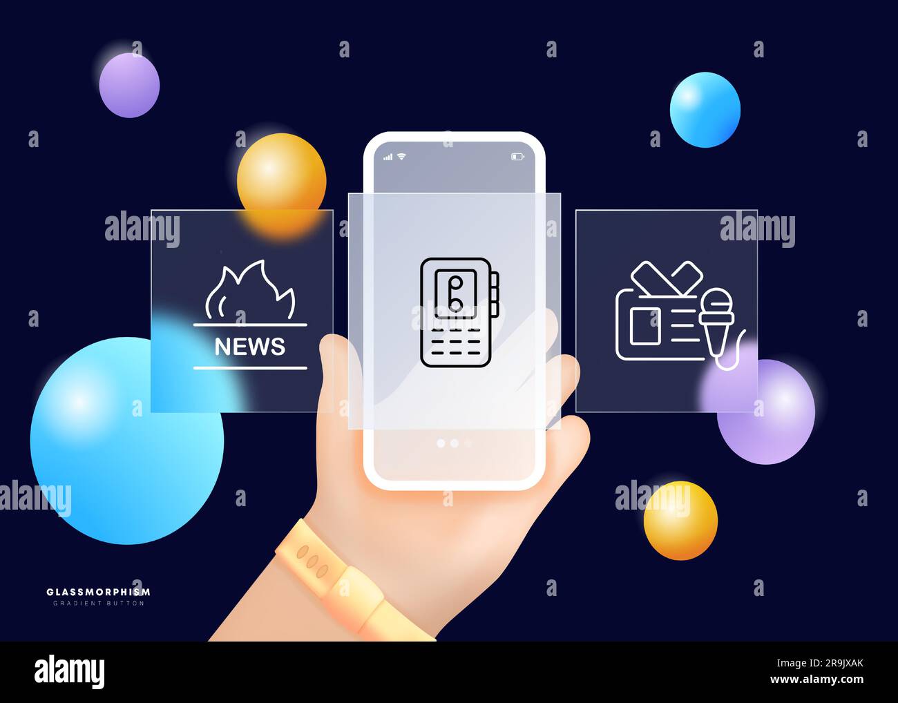 News Icon. Current events, information, updates, journalism, headlines, breaking news. Glassmorphism UI phone app screen Vector icon Stock Vector