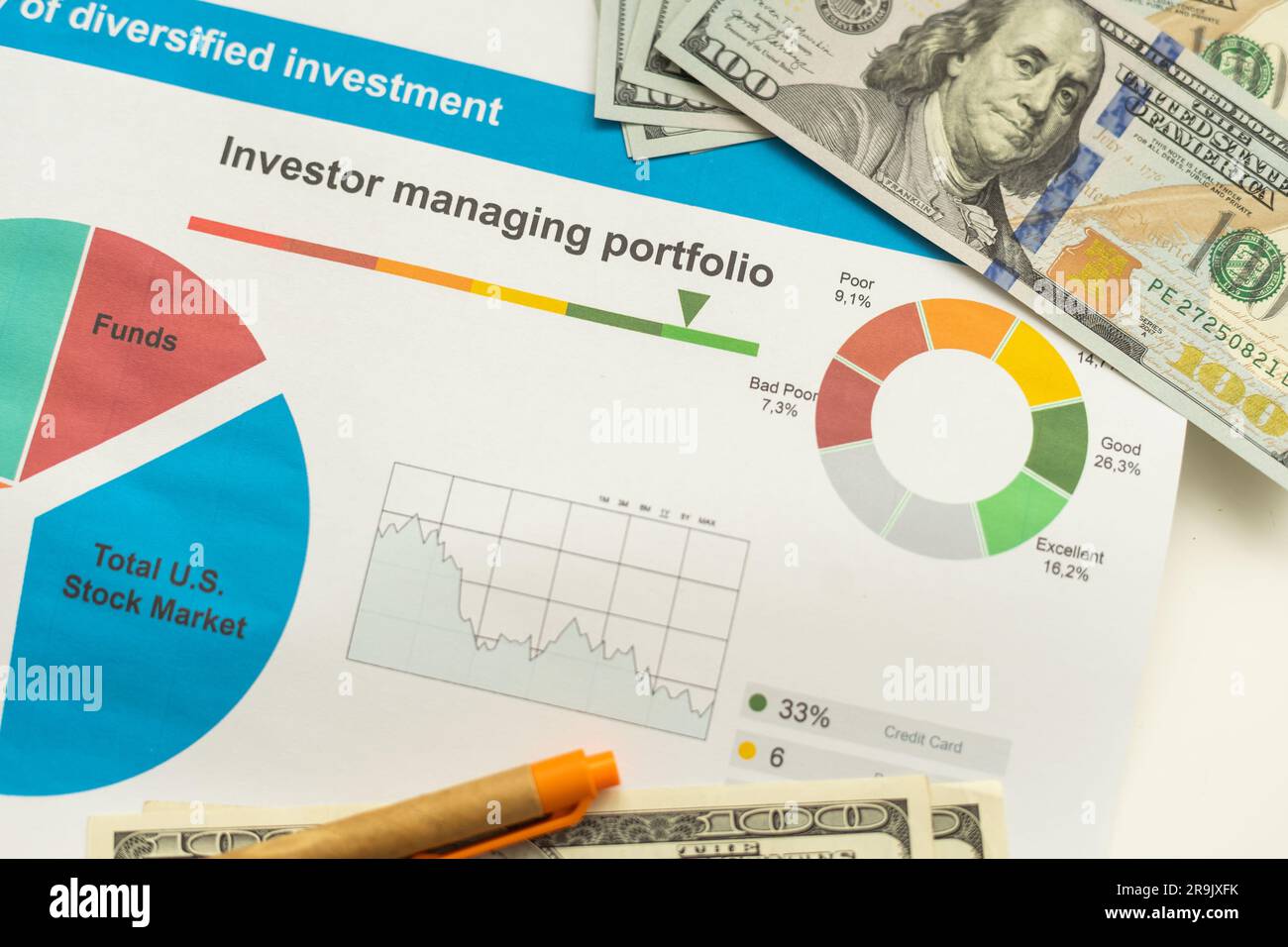 Various type of financial and investment products in Bond market. i.e. REITs, ETFs, bonds, stocks. Sustainable portfolio management, long term wealth Stock Photo