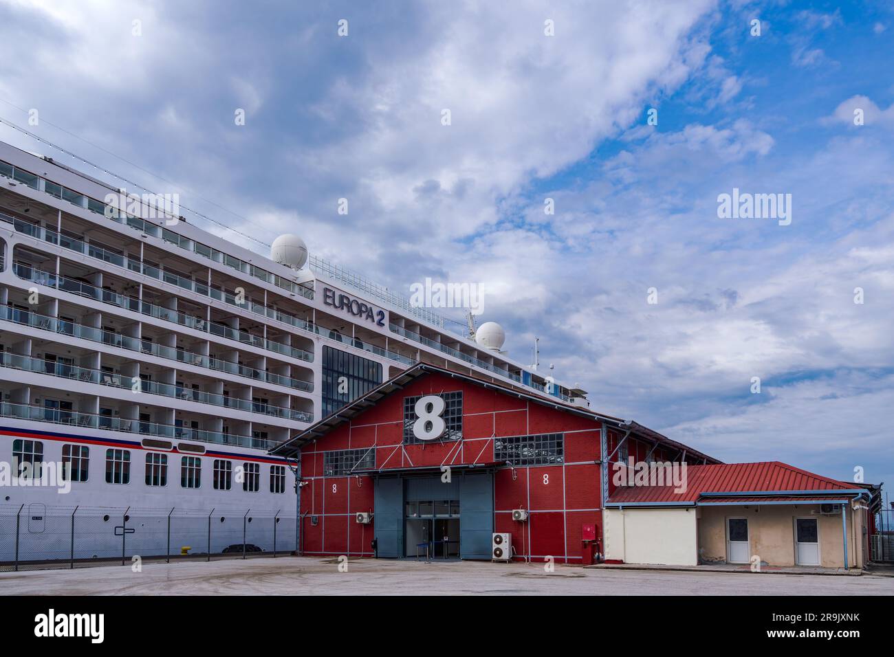 Europa 2 Hapag-Lloyd luxury cruise ship moored on renovated Warehouse 8 Terminal at the port of Thessaloniki, Greece Stock Photo