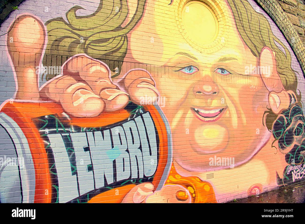 Glasgow, Scotland, UK 27th June, 2023. UK Weather:  Wet in the city as tourists and locals suffer in the rain. The yardwoeks murals on the public path beside the clydeside expressway sum up lewis capaldi and his tourettes and parochial love ov irn bru in the wet weather. Credit Gerard Ferry/Alamy Live News Stock Photo