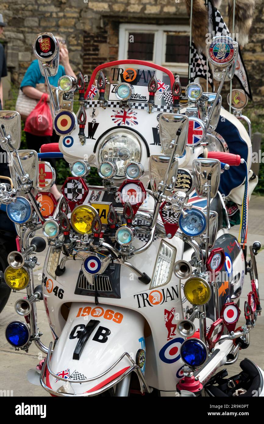 Heavily embellished motor scooter at The Castle Scooter Event