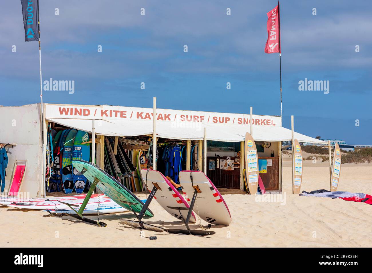 Kite surfing and wind surfing school hut on Flag Beach Corralejo