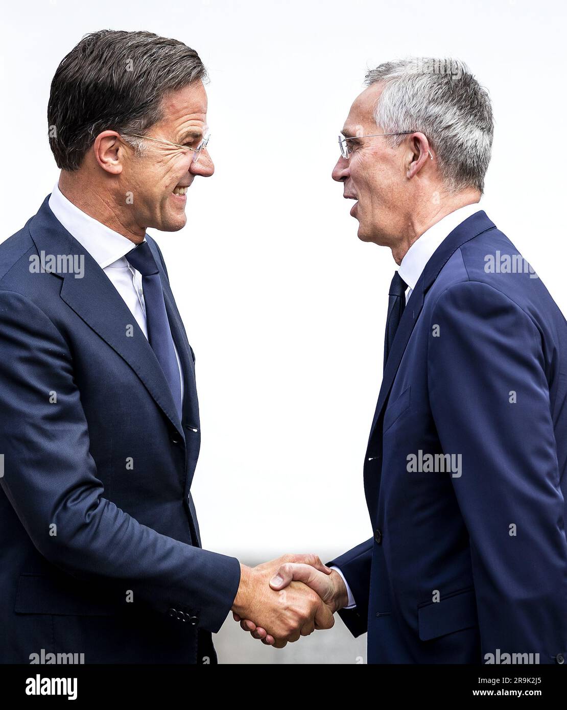 THE HAGUE - Prime Minister Mark Rutte receives NATO top man Jens Stoltenberg prior to the meeting of government leaders at the Catshuis in the run-up to the NATO summit in Vilnius. ANP REMKO DE WAAL netherlands out - belgium out Stock Photo