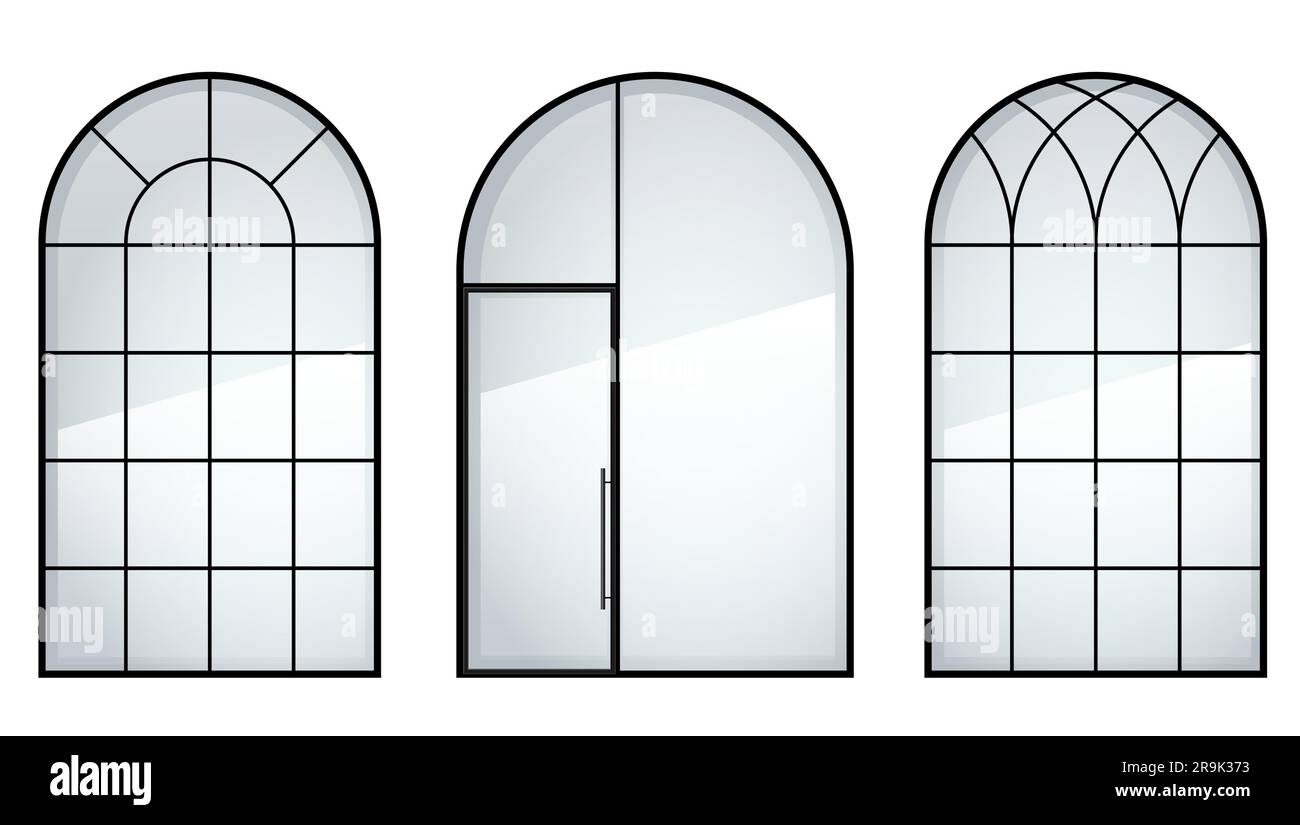 Set of classic arched wooden doors for a balcony. Doors of different colors. Vector graphics Stock Vector