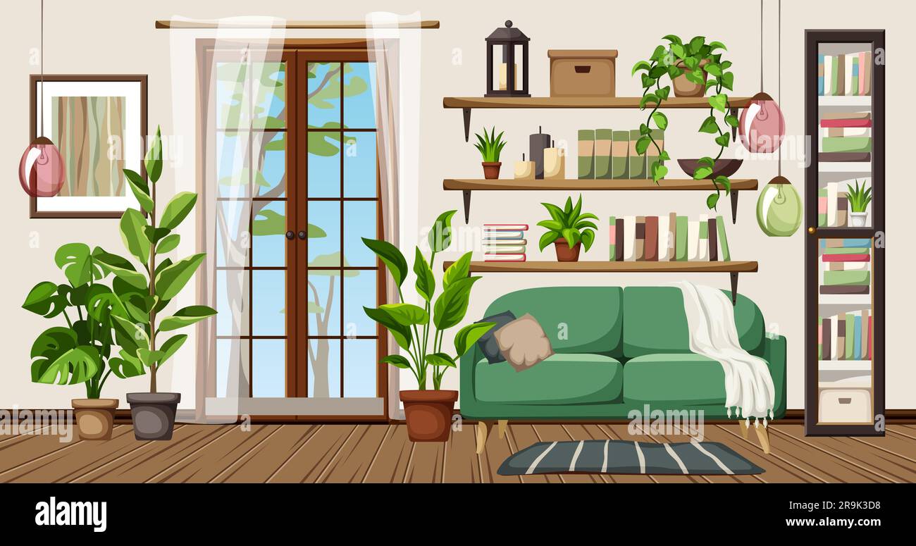 Living room interior design with French doors, a green sofa, bookshelves, a bookcase, and houseplants. Cozy room interior design. Cartoon vector Stock Vector