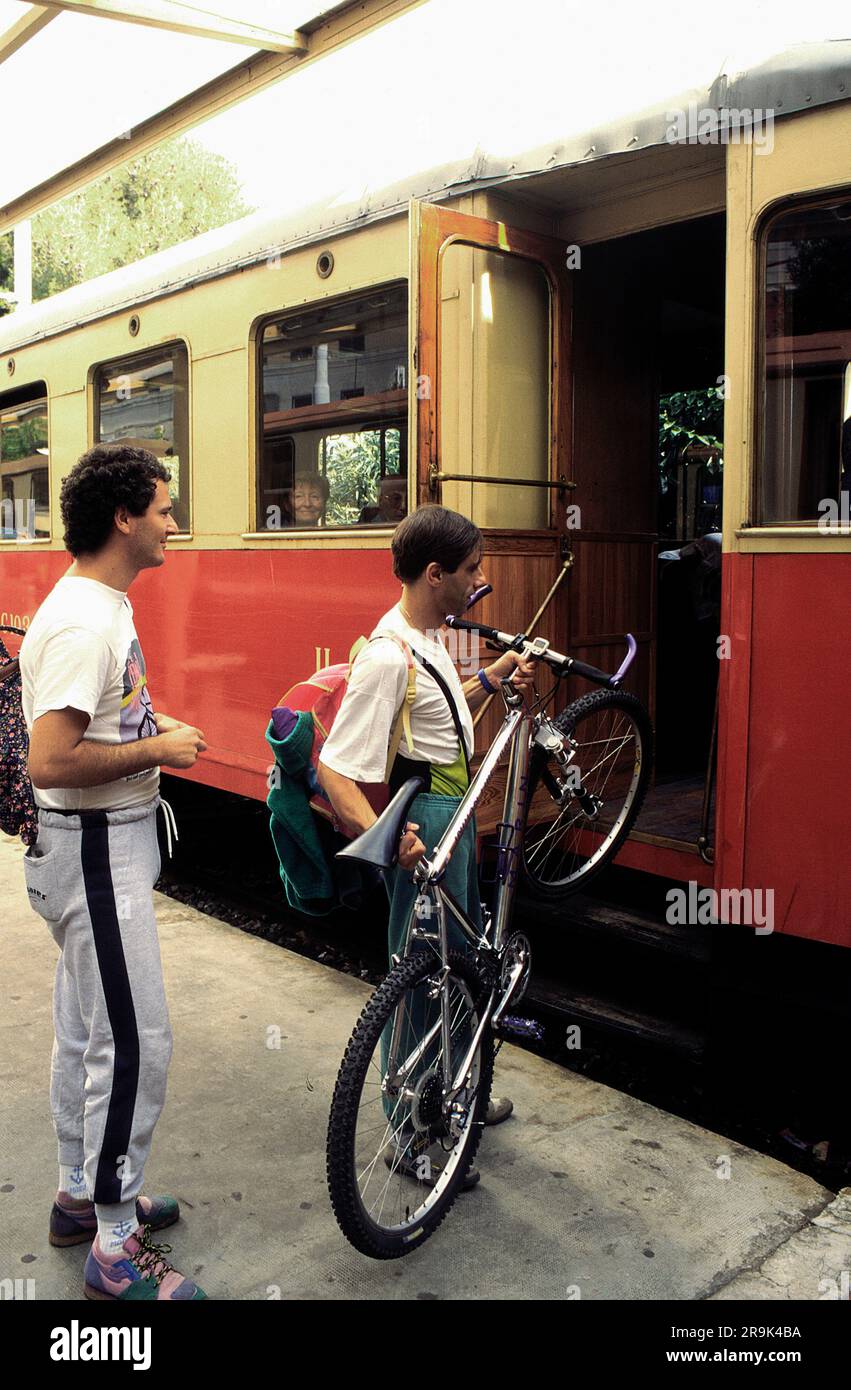 Italy  Liguria  Historic train Genova - Casella - passengers with bicycle Stock Photo