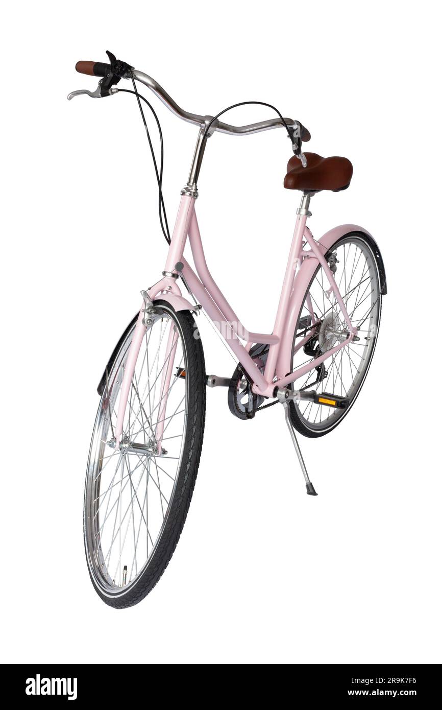 Pink retro bicycle with brown saddle and handles generic bike front view Stock Photo Alamy