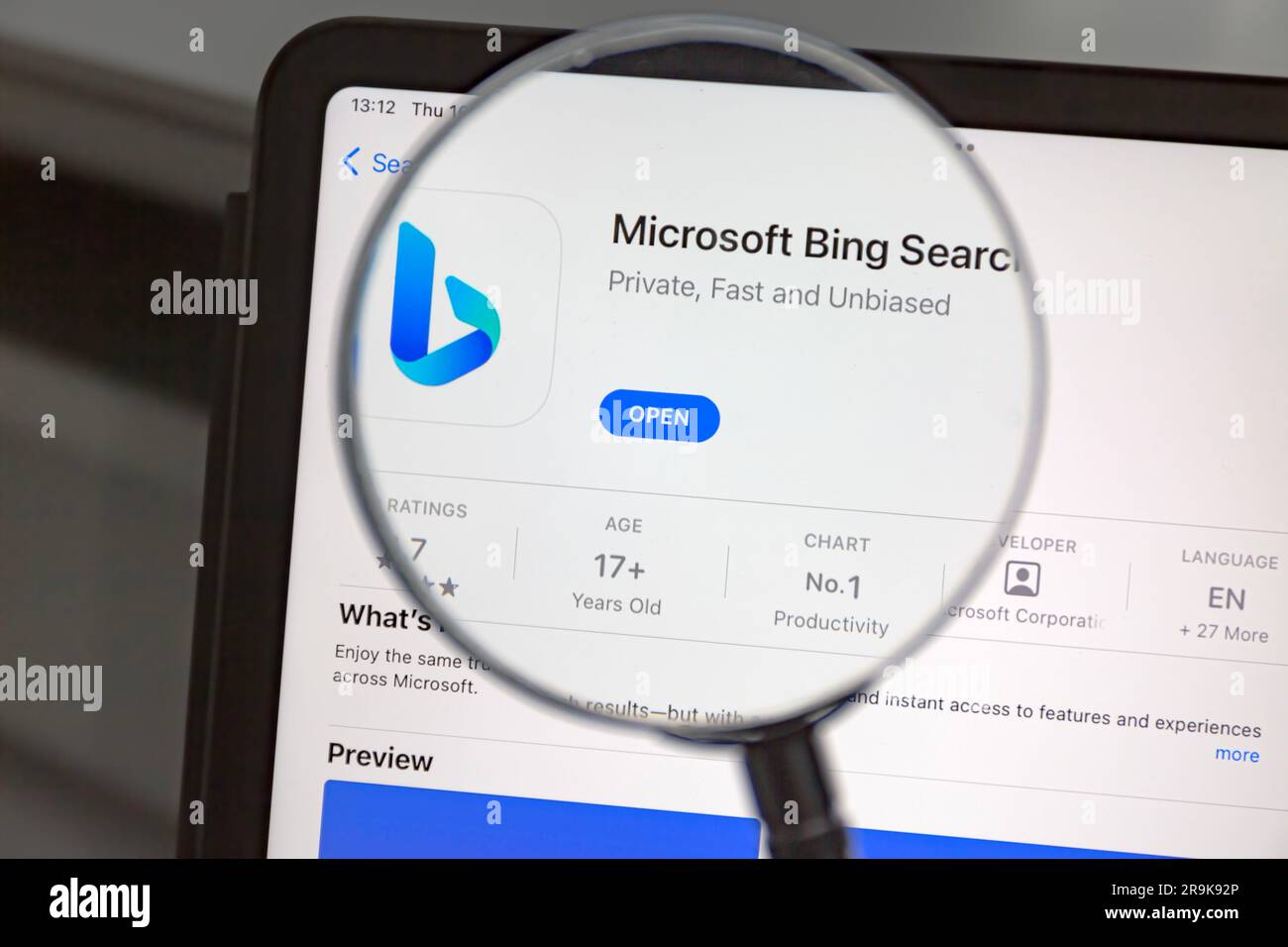 Ostersund, Sweden - Feb 16, 2023: Microsoft Bing app on an ipad  Microsoft Bing is a web search engine owned and operated by Microsoft. Stock Photo