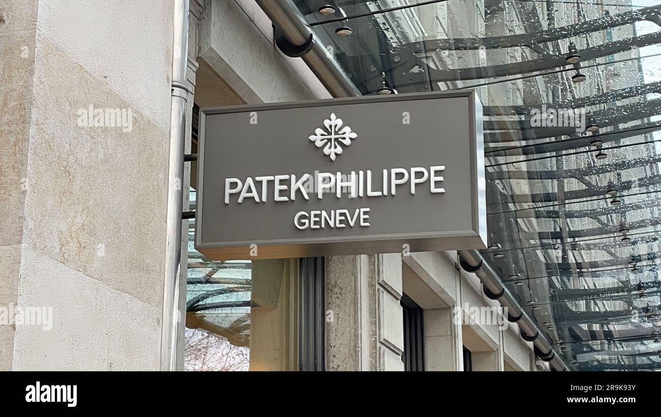 Geneva, Switzerland - Jan 12, 2023. Patek Philippe jewelry boutique in Geneva. Patek Philippe SA is a Swiss luxury watch and clock manufacturer. Stock Photo