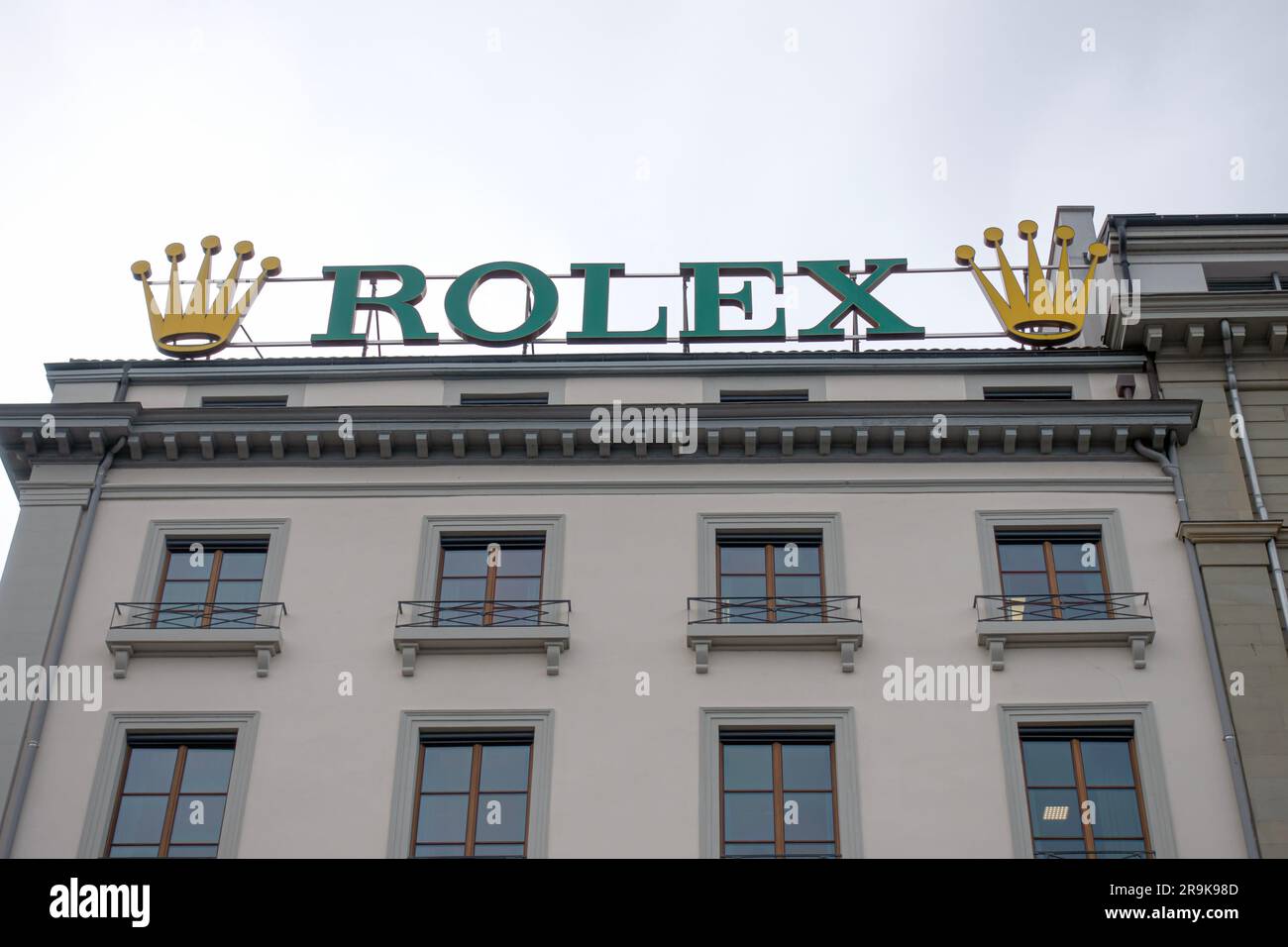Geneva, Switzerland - Jan 12, 2023: Rolex logo in Geneva. Rolex SA is a Swiss luxury watch manufacturer based in Geneva. Stock Photo