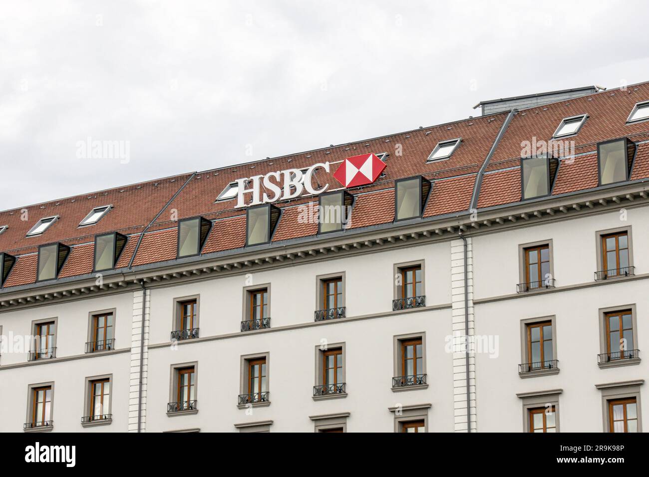 Geneva, Switzerland -- Jan, 14, 2023: HSBC bank logo in Geneva. HSBC is a British multinational universal bank and financial services holding company. Stock Photo