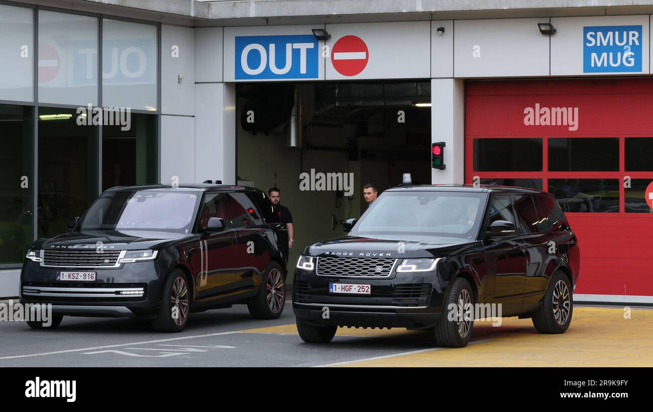 Brussels, Belgium. 27th June, 2023. Illustration shows the cars of members of the royal family at the Saint-Luc hospital in Brussels, Tuesday 27 June 2023. 89-year-old King Albert II has been admitted to the hospital with dehydration symptoms. BELGA PHOTO BENOIT DOPPAGNE Credit: Belga News Agency/Alamy Live News Stock Photo