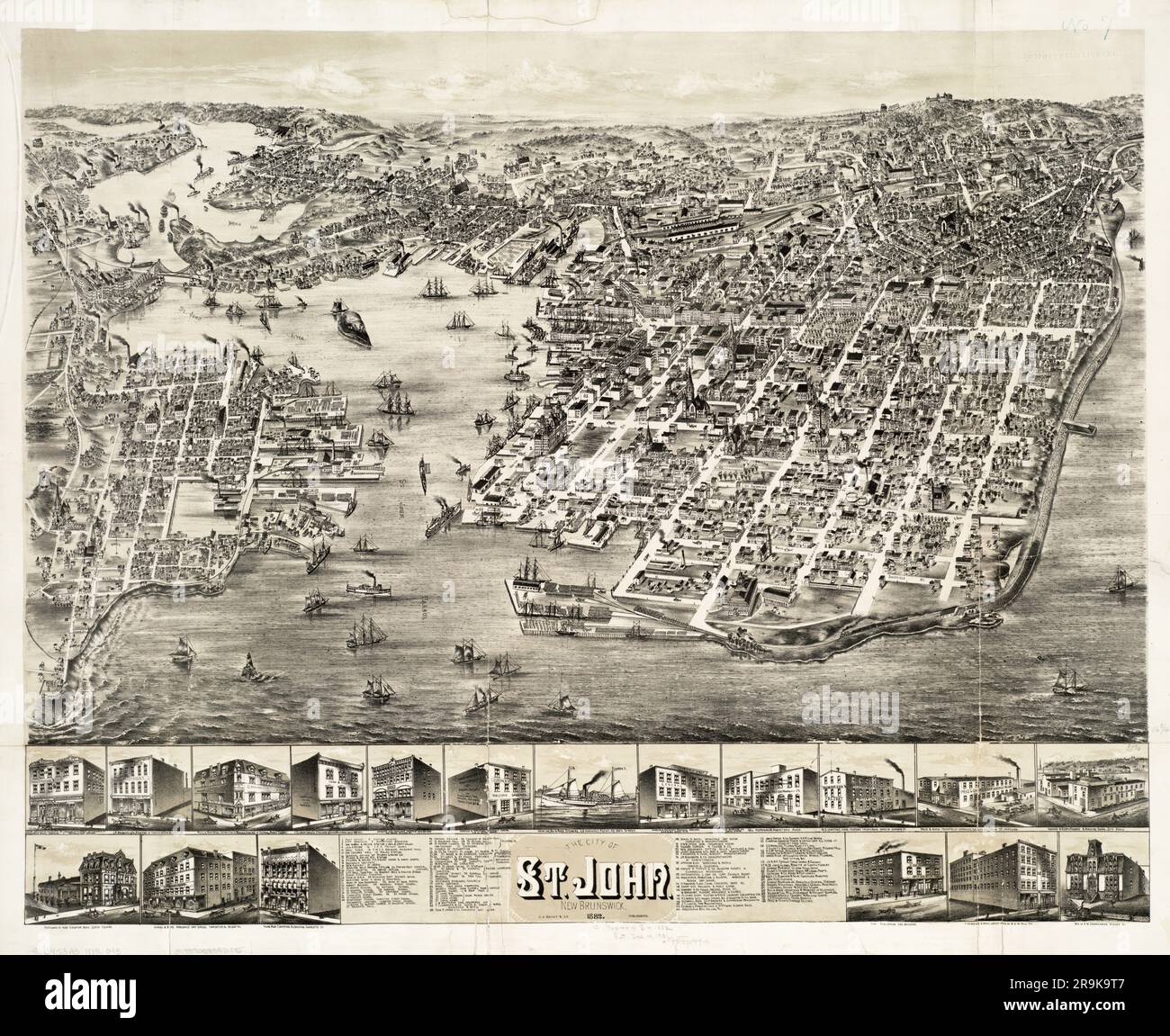 Bird's-eye view panoramic map of the city of Saint John, New Brunswick, Canada ca. 1882. Insets show buildings and sites of interest. Stock Photo