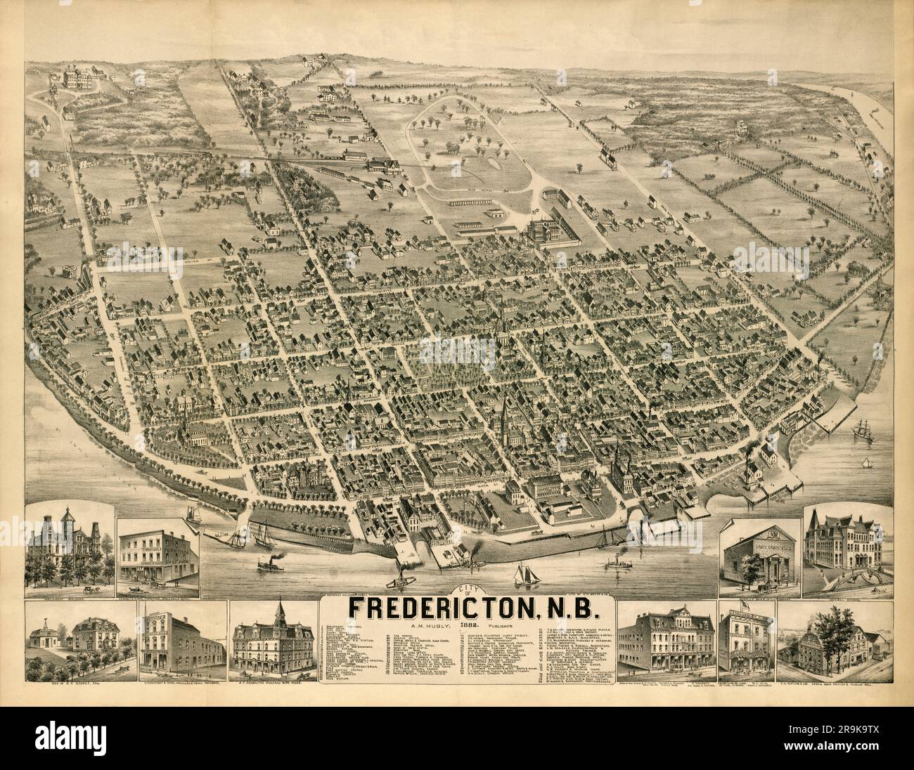 Bird's-eye panoramic map view of the city of Fredericton, New Brunswick, Canada ca. 1882. Insets show buildings and sites points of interest. Stock Photo