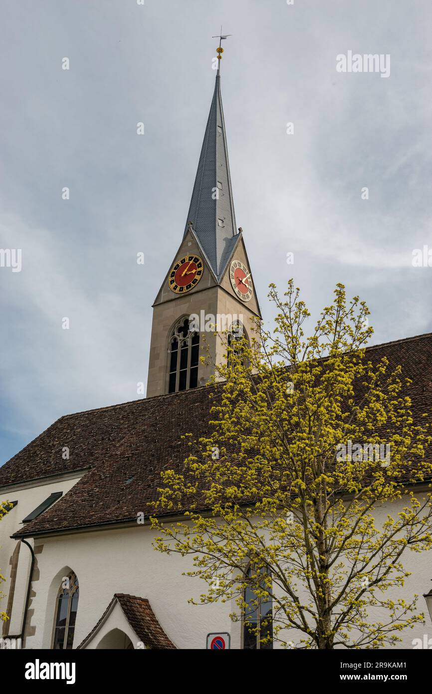 Pfaeffikon, Canton Zurich, Switzerland, April 10, 2023 Beautiful church in the center on a sunny day Stock Photo