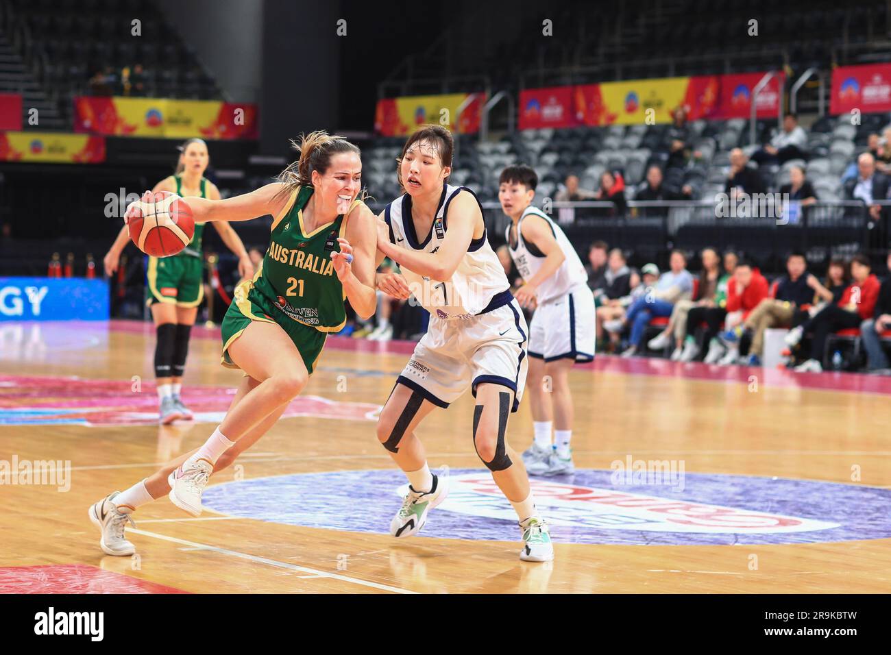 27th June 2023; The Quaycentre, Sydney Olympic Park, Sydney, NSW, Australia: FIBA Womens Asia Cup 2023, Group B, Chinese Taipei versus Australia; Keely Jane Froling of Australia dribbles the ball closely watched by Yu-Hsuan Wu of Chinese Taipei Stock Photo