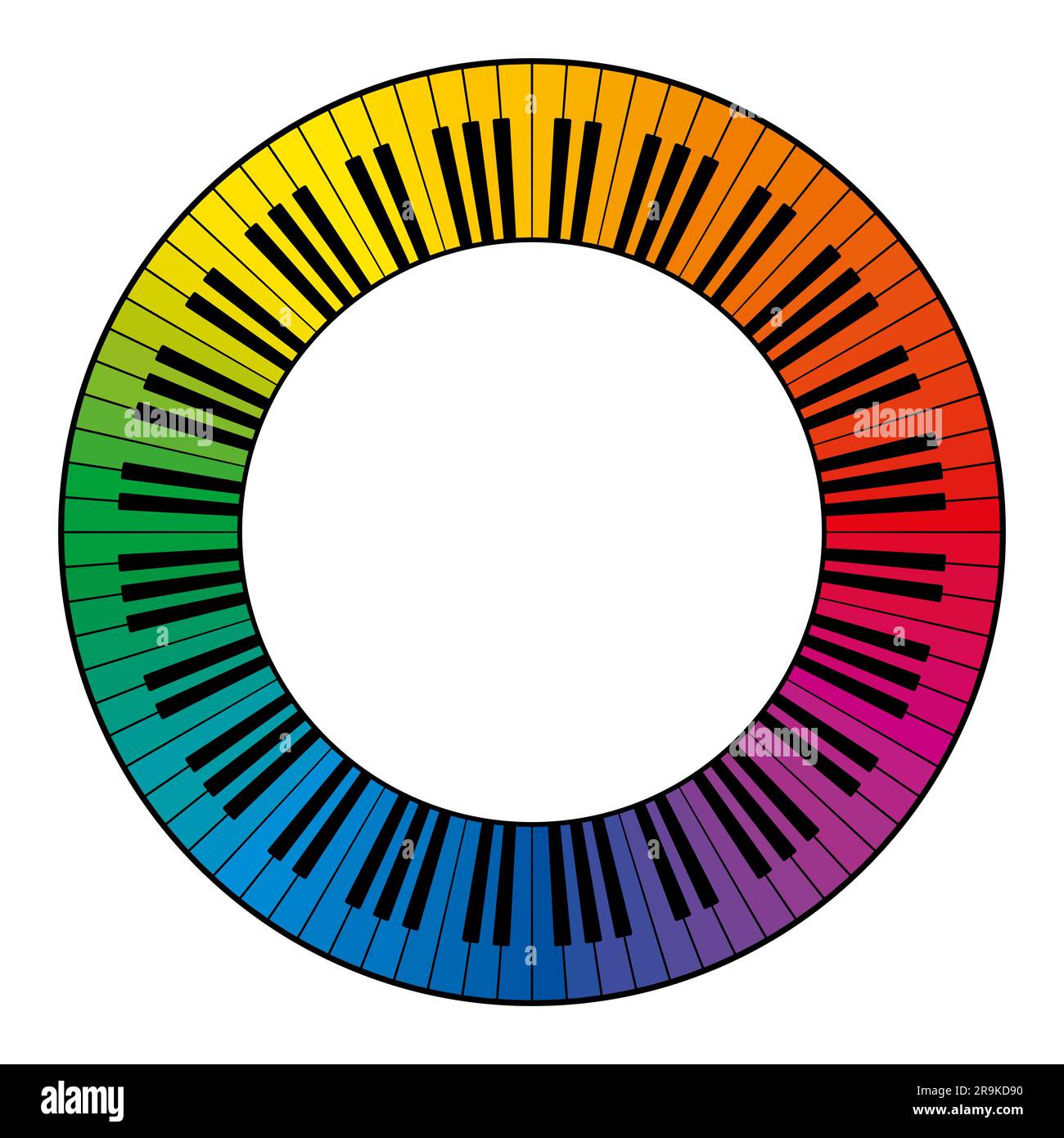 Musical keyboard, circle frame, with twelve octaves of rainbow colored keys. Decorative border, constructed from multicolored keys of a piano keyboard Stock Photo
