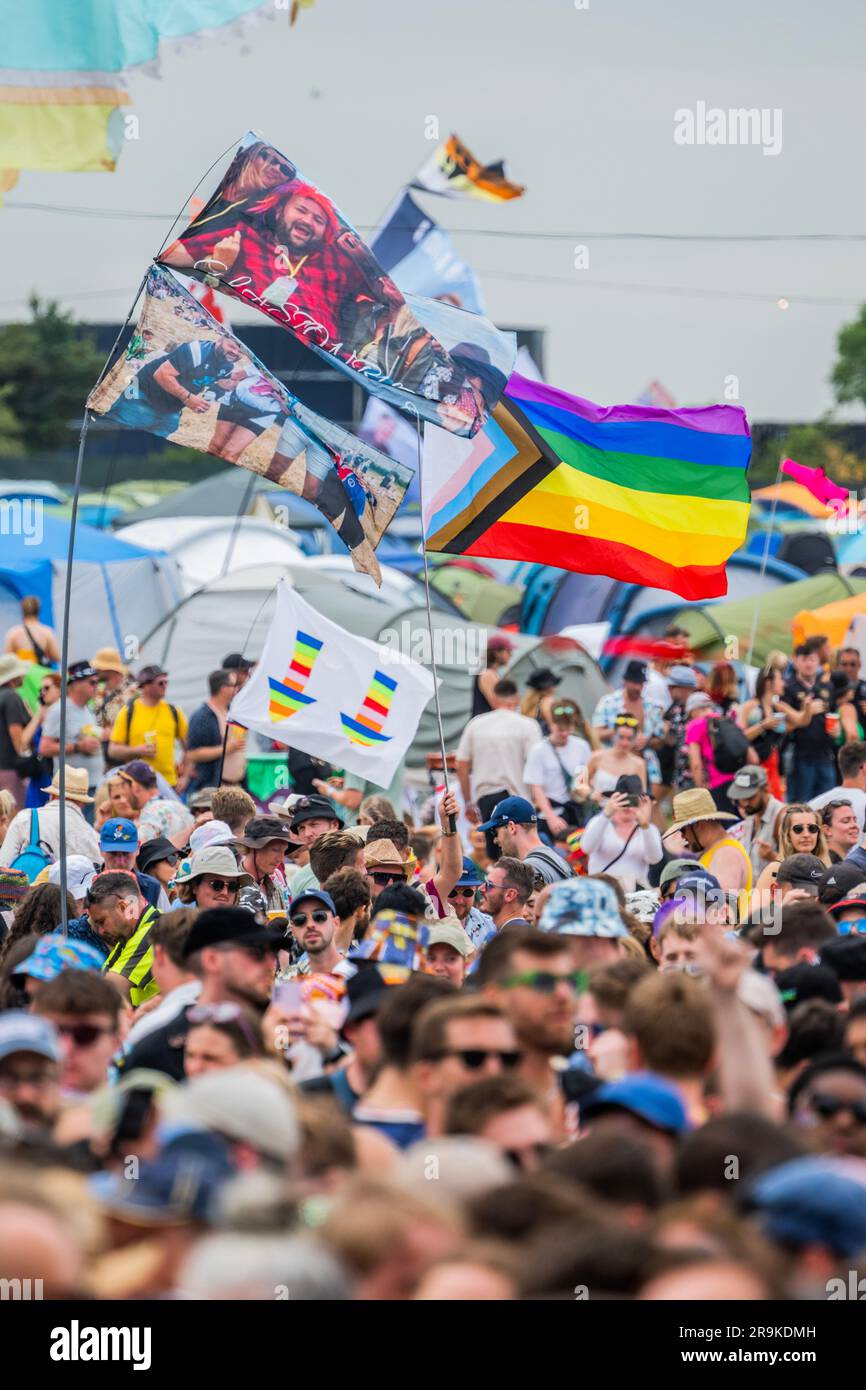 The crowd with a Pride flag - Friday at the 2023 Glastonbury Festival ...