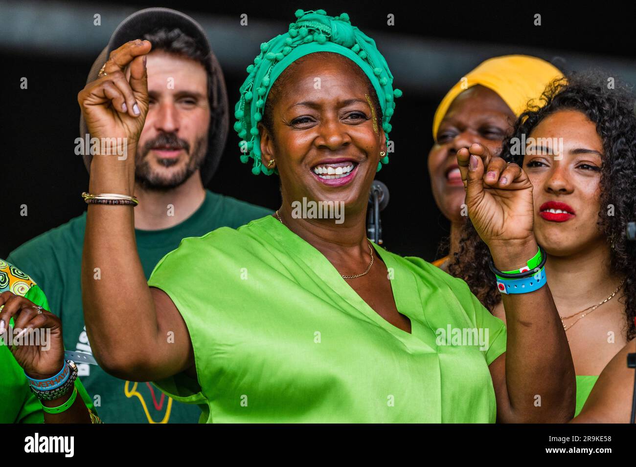 The Bristol Reggae Orchestra featuring the Windrush Choir on the Pyramid Stage in the week that marks 75 years since the arrival of HMT Empire Windrush - Sunday at the 2023 Glastonbury Festival, Worthy Farm, Glastonbury. Stock Photo