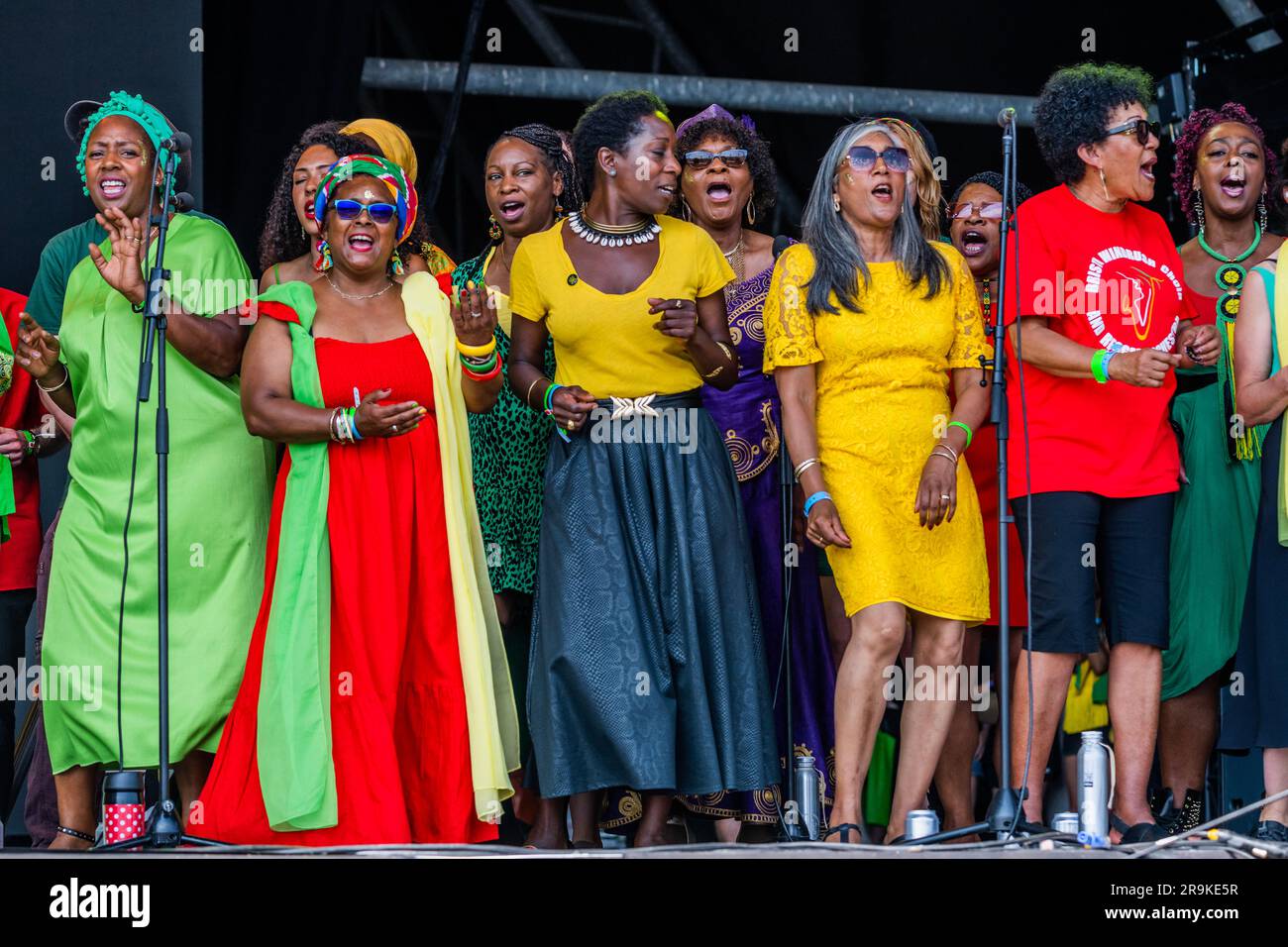 The Bristol Reggae Orchestra featuring the Windrush Choir on the Pyramid Stage in the week that marks 75 years since the arrival of HMT Empire Windrush - Sunday at the 2023 Glastonbury Festival, Worthy Farm, Glastonbury. Stock Photo