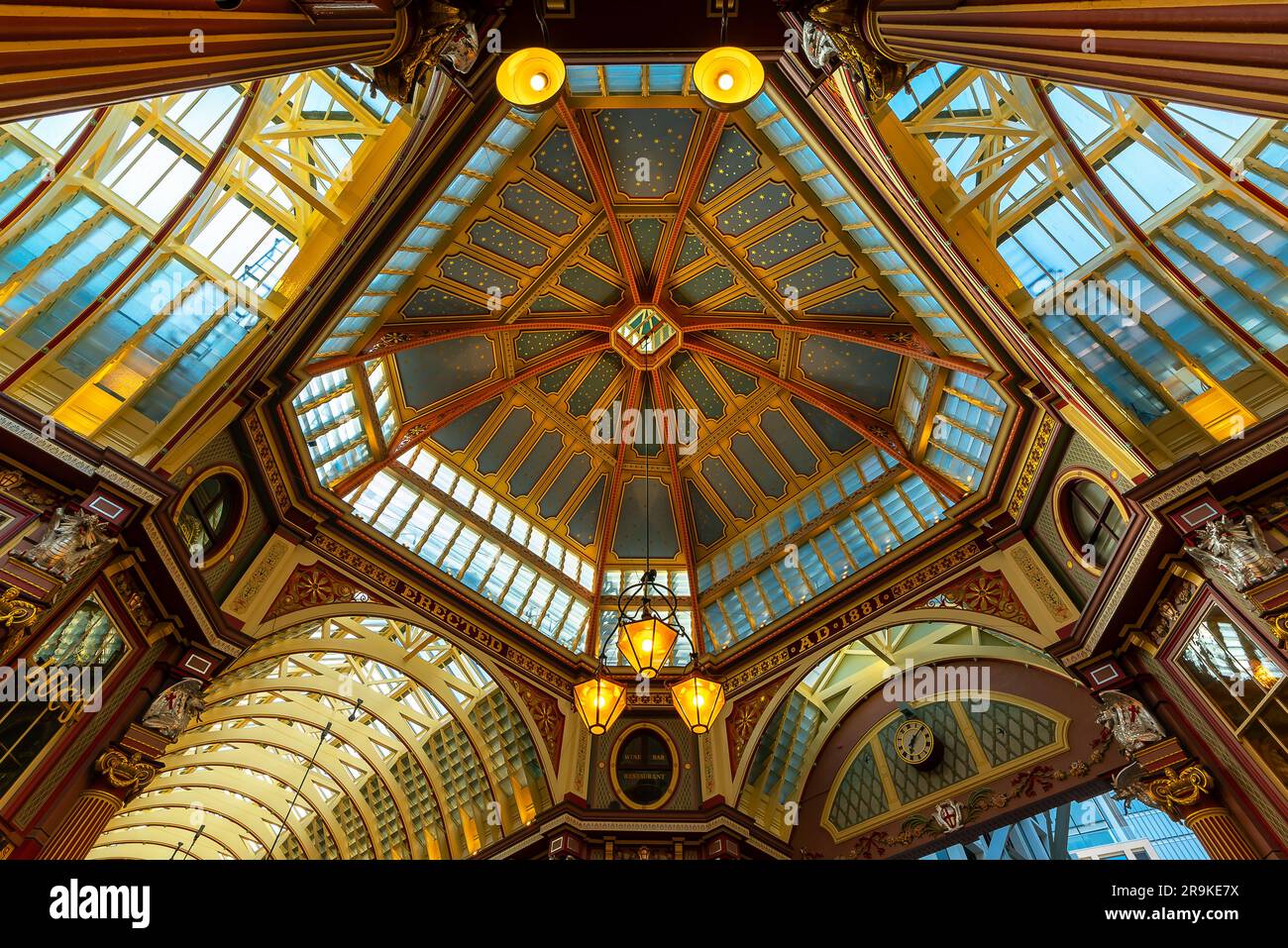 Iconic painted roof of the Leadenhall market. Built in 1881. There are many bars restaurants and shops. Famous tourist sight in London city. Stock Photo