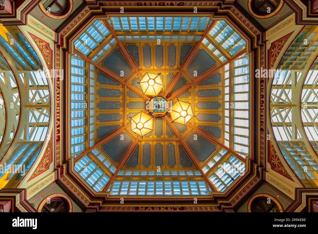 Iconic painted roof of the Leadenhall market. Built in 1881. There are many bars restaurants and shops. Famous tourist sight in London city. Stock Photo