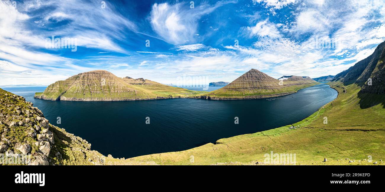 Clouds in the summer sky over mountains and sea framed by green meadows, aerial view, Muli, Bordoy island, Faroe Islands Stock Photo