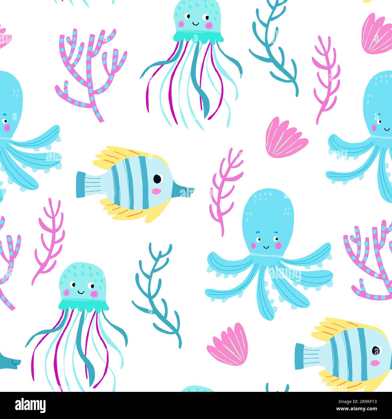 Octopus seamless pattern. Narwhal and turtle, cartoon cat with fish