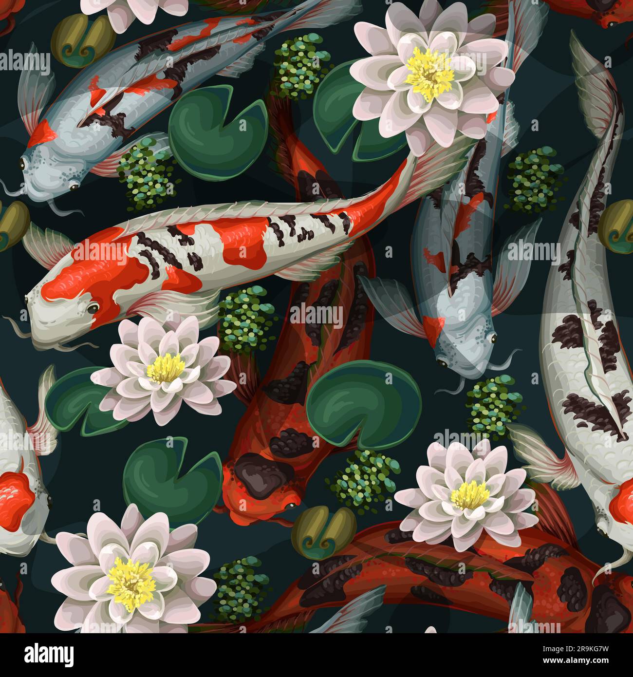 Seamless pattern with koi fishes and lotus. Vector. Stock Vector