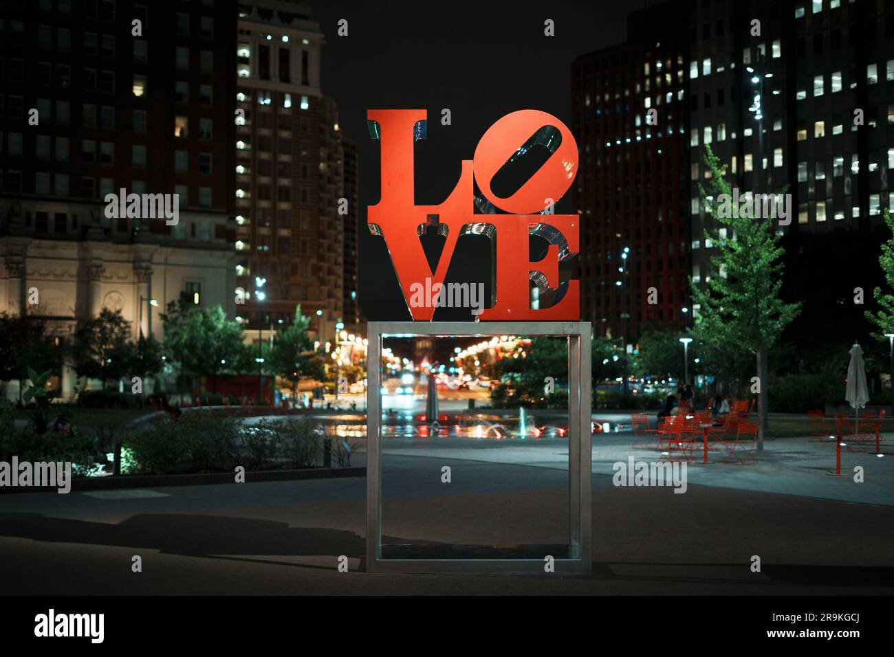 Love Park sign at night, Philadelphia, Pennsylvania Stock Photo