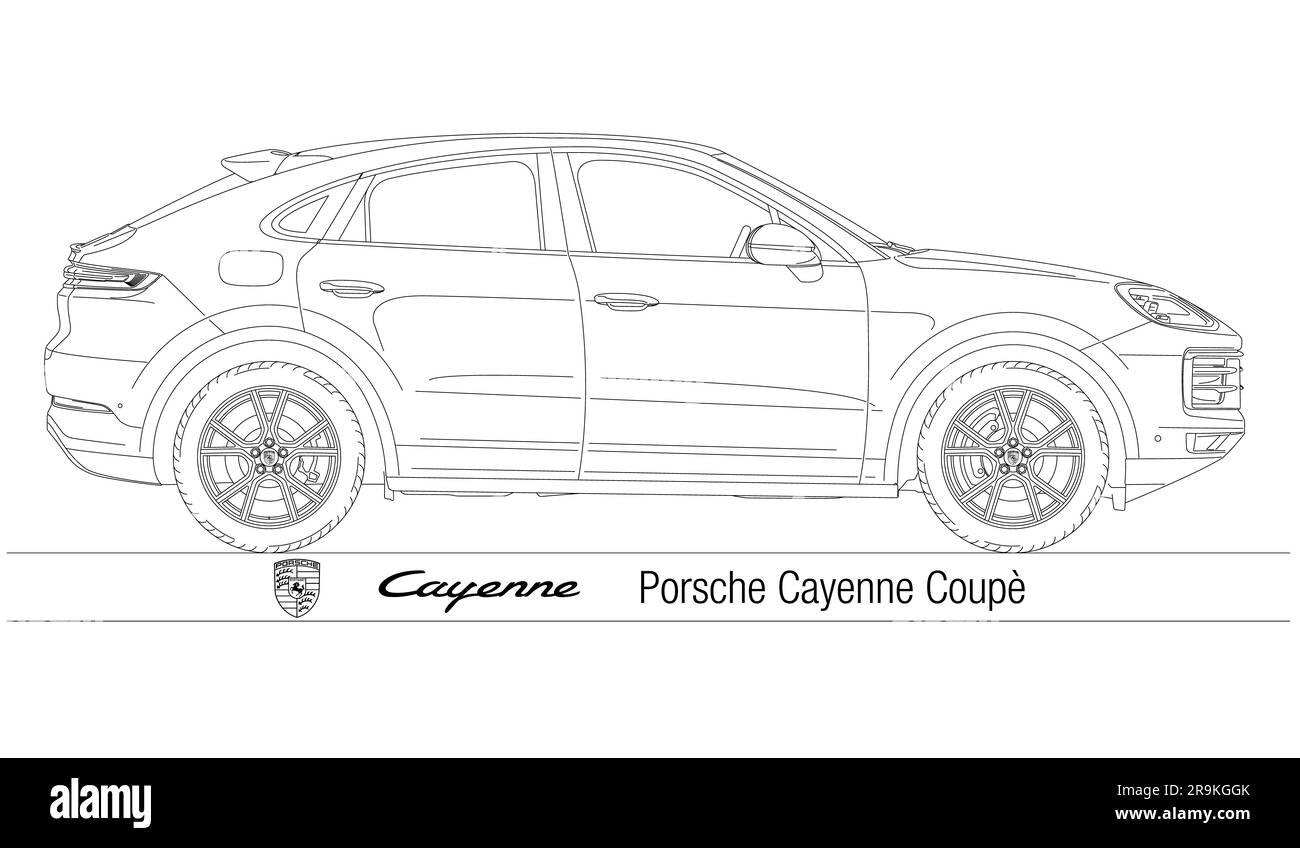 Germany, year 2010, Porsche Cayenne coupe SUV car model, silhouette outlined, vector illustration Stock Photo
