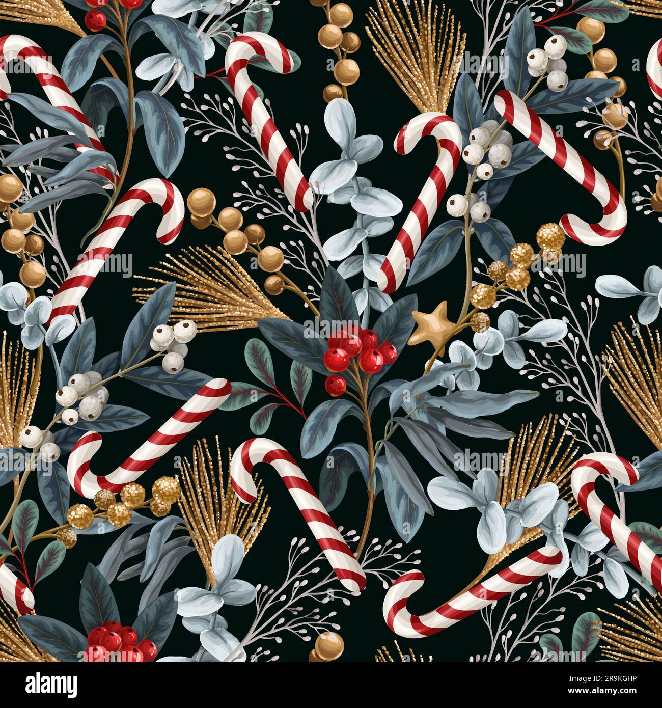 Seamless Christmas pattern with candies, berries and gold elements. Vector. Stock Vector