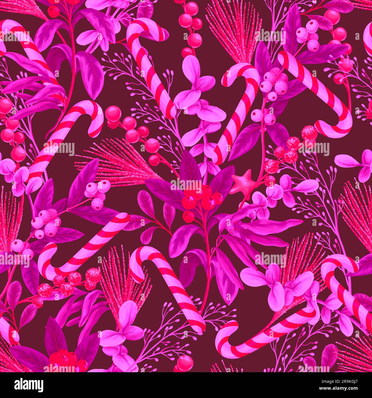 Seamless Christmas pattern with candies, berries and gold elements. Vector. Stock Vector
