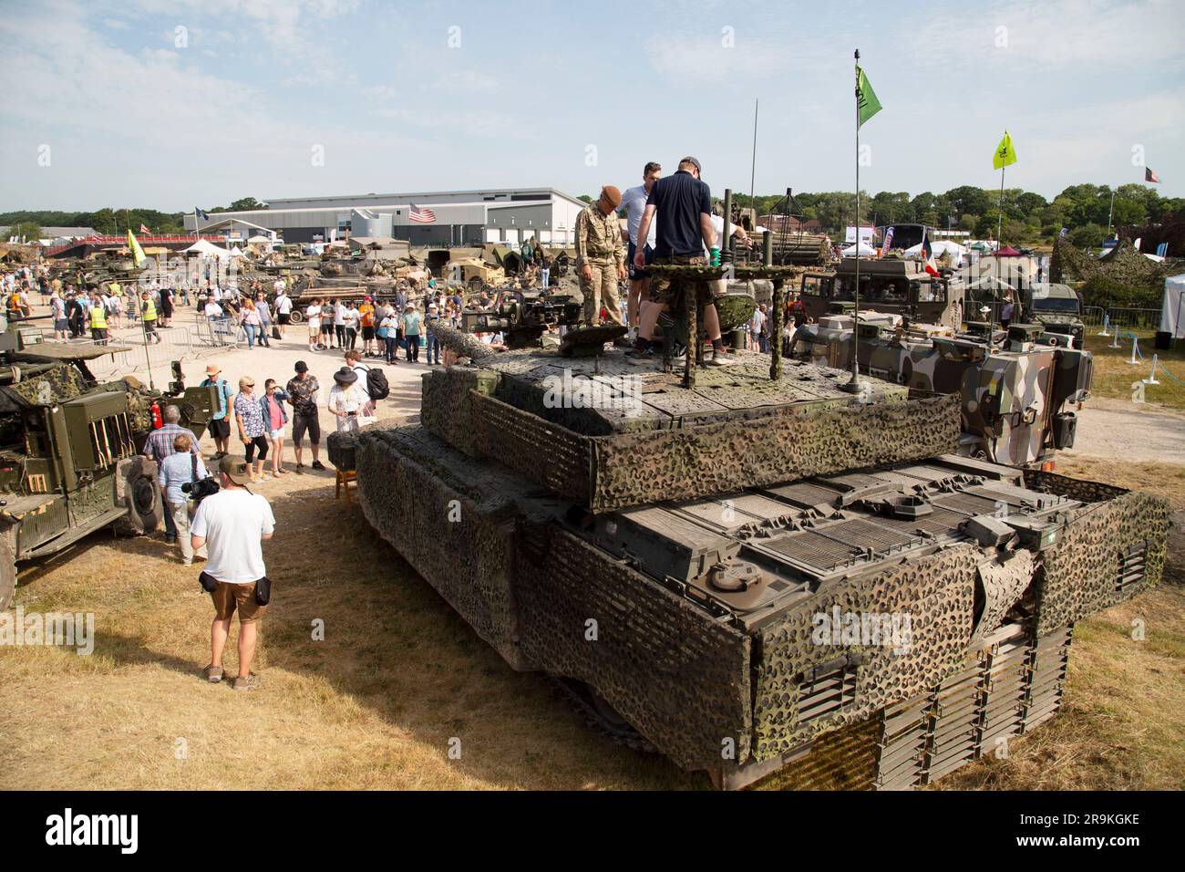 View of crowds and Challenger 2 TES 'Megatron', main battle tank at Tankfeast 23. Bovington tank museum UK. Stock Photo
