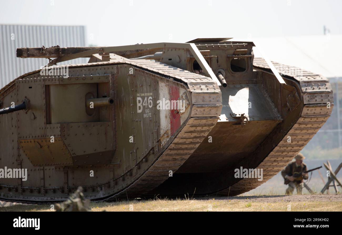 British Army WW I Mark IV Male Replica tank built for the movie War Horse. re-enactment, Tankfest 2023, Bovington, UK Stock Photo