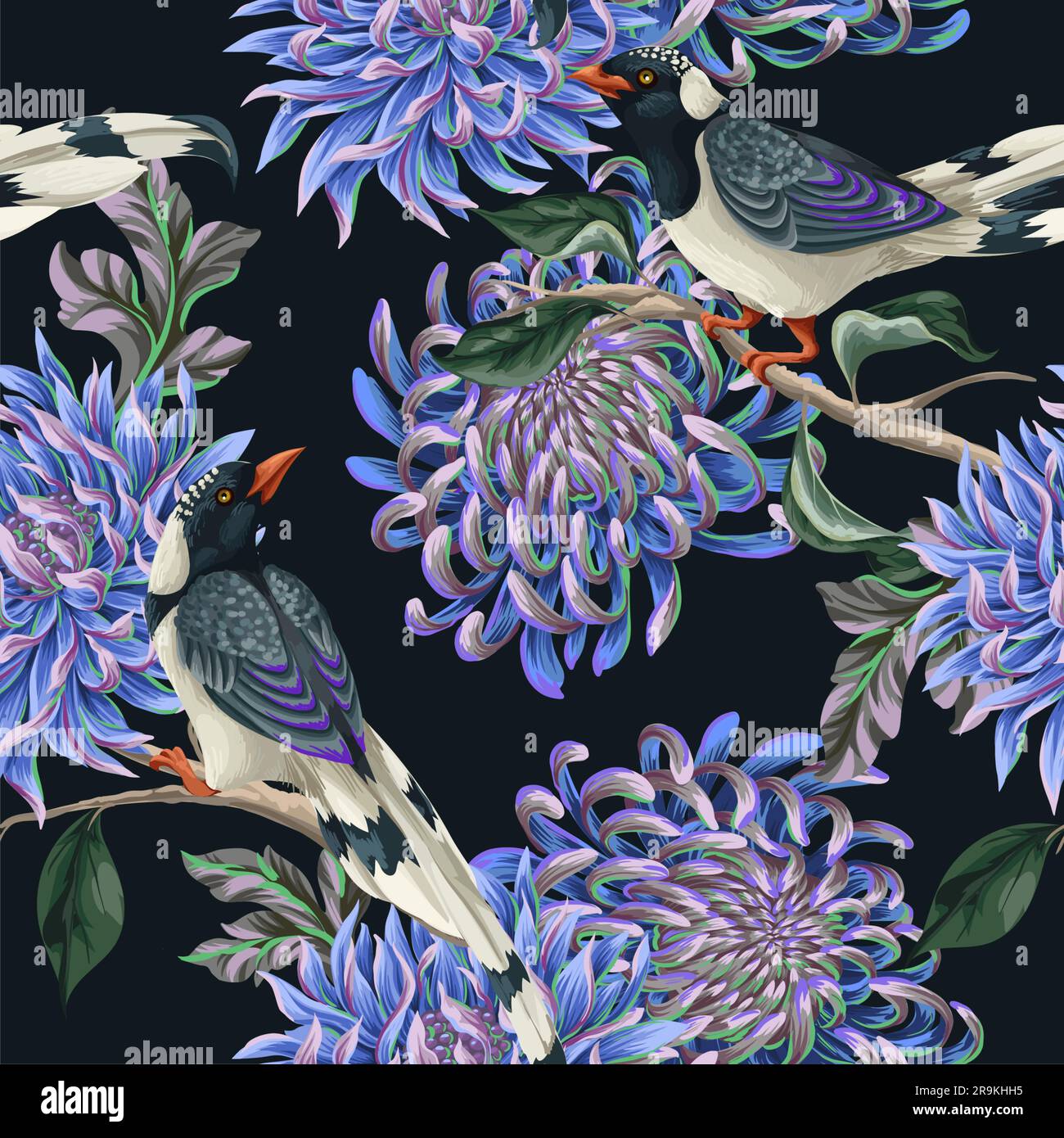 Seamless pattern with chrysanthemums and birds. Vector Stock Vector ...