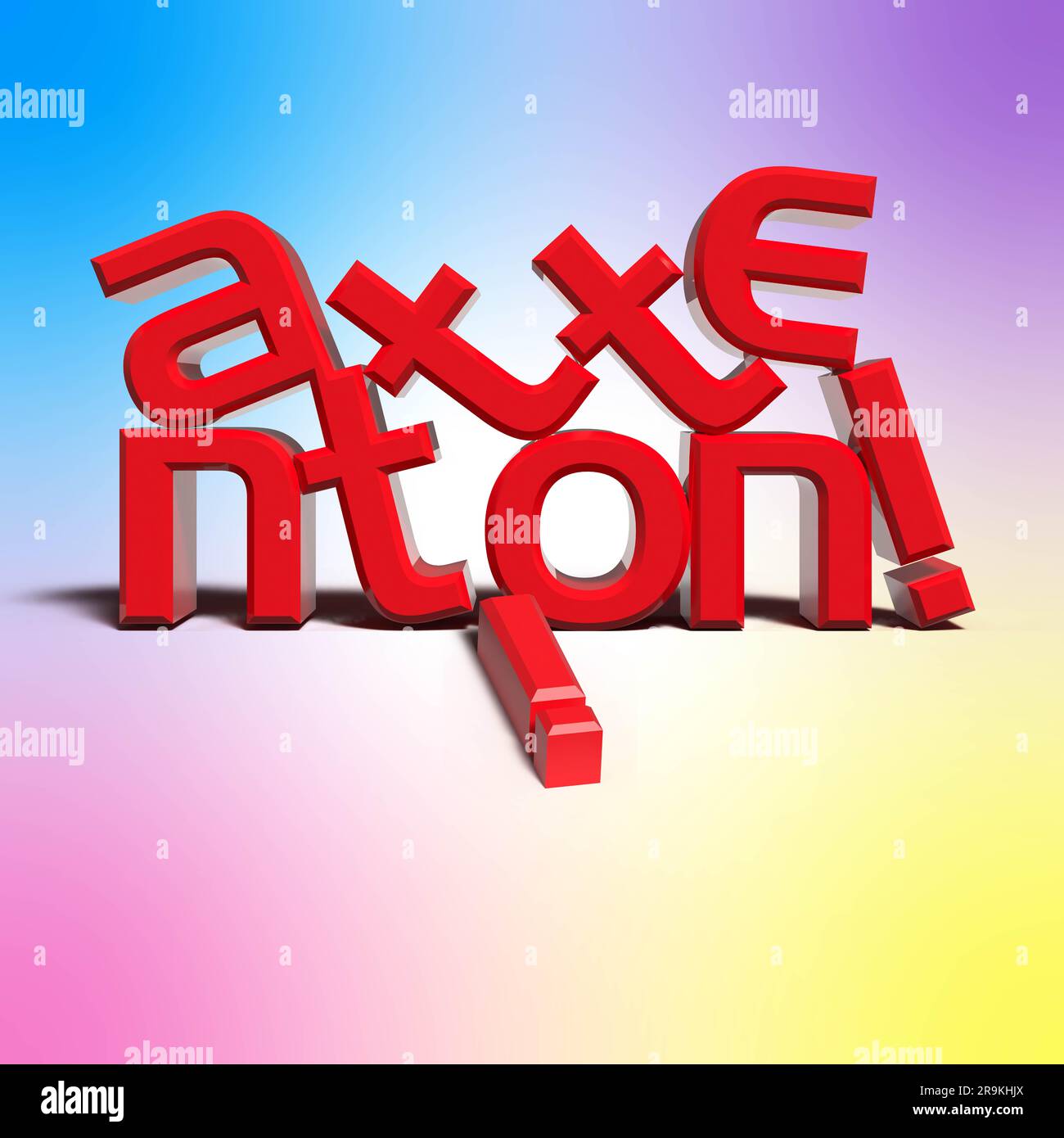 A 3d rendering of bold red text featuring the word Attention against a colorful background Stock Photo