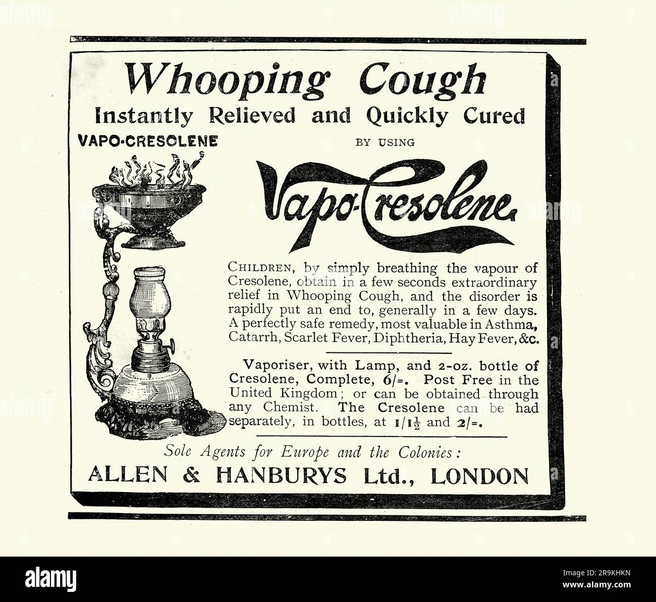 Vintage illustration Advert for a whooping cough, pertussis, cure, history of medicine, Victorian 1890s, 19th Century Stock Photo