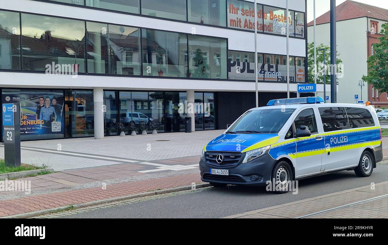 Rathenow, Germany. 27th June, 2023. A police car is parked in front of