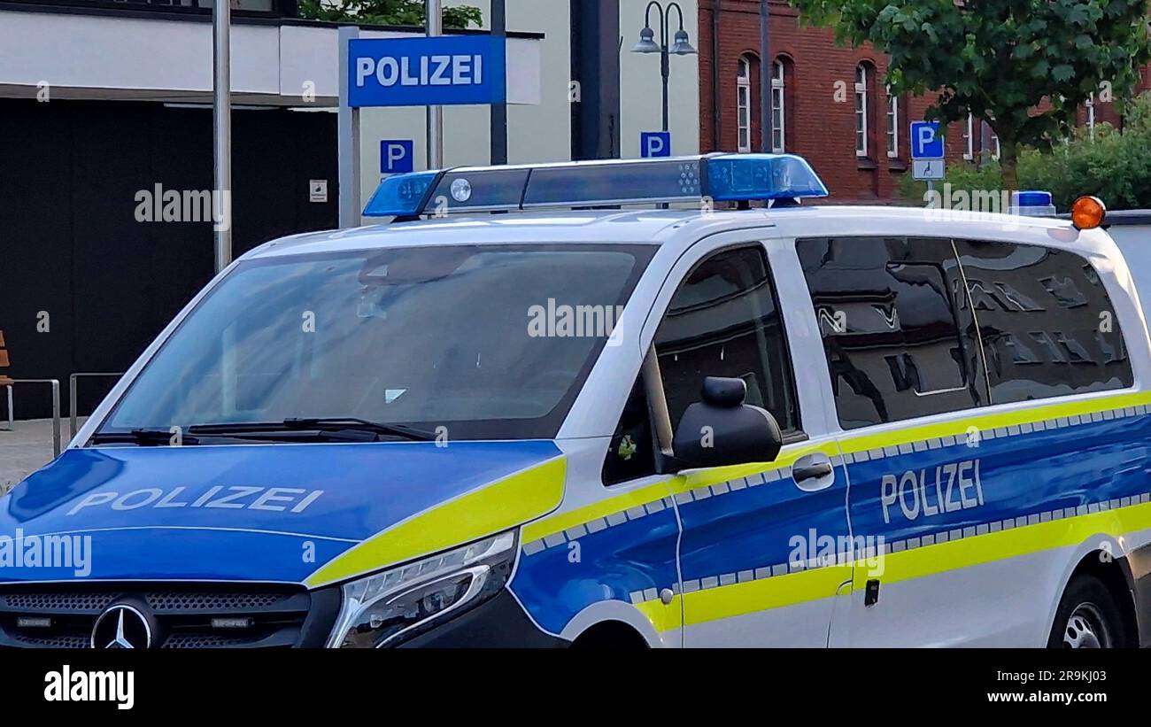 Rathenow, Germany. 27th June, 2023. A police car is parked in front of