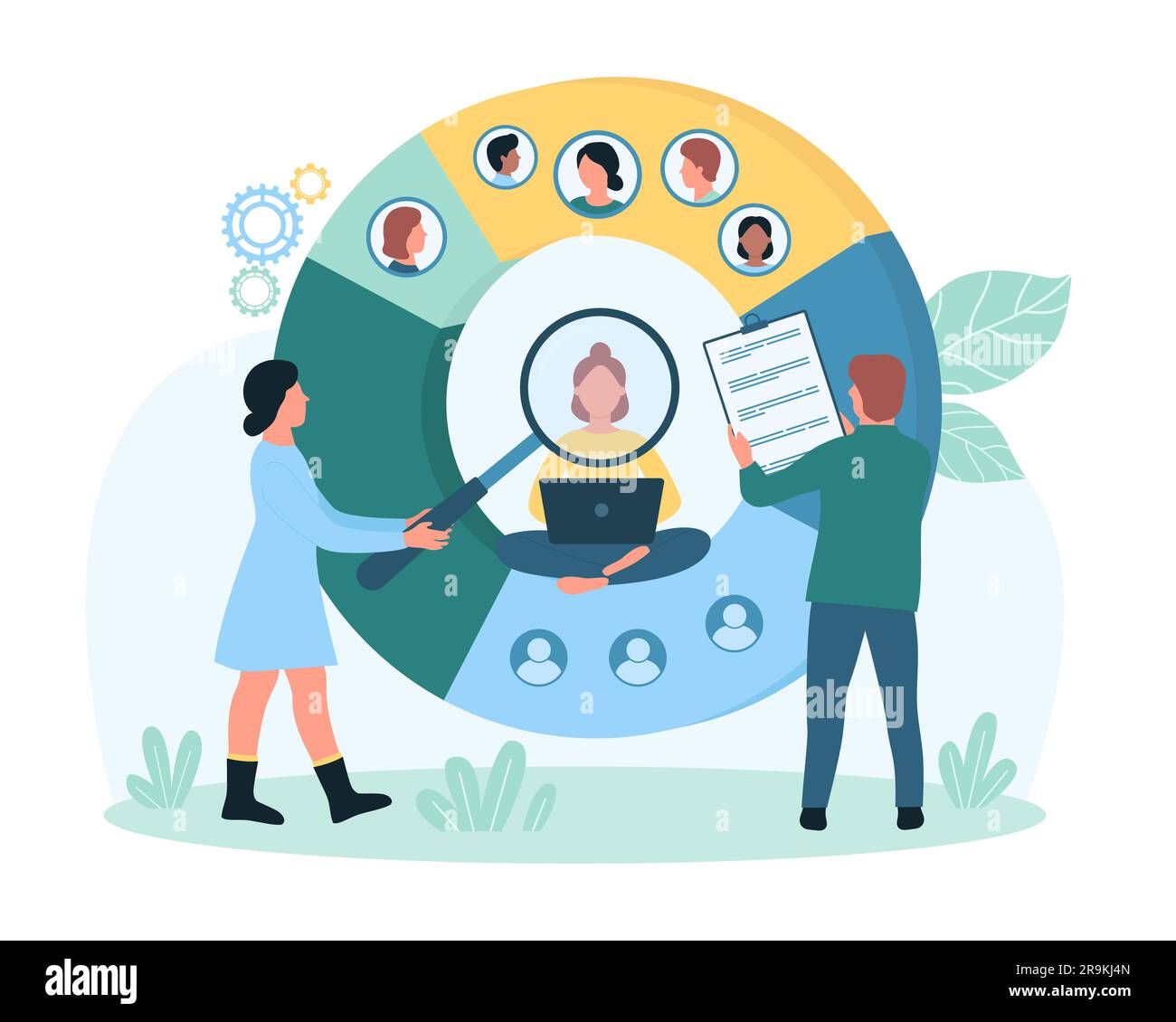 Audience segmentation vector illustration. Cartoon tiny people holding magnifier to research potential client and brands niche, divide category and groups of different people in infographic pie chart Stock Vector